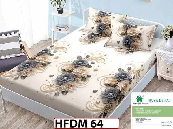 Husa de Pat din Finet + 2 Fete de Perne - Saltea 160x200 - Pat 2 Persoane - HFDM 64