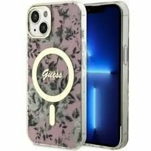 Husa de protectie Guess Flowers IML MagSafe Compatible pentru iPhone 14 (Roz)
