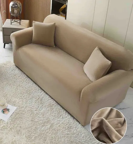 Husa Elastica, 180cm-230cm, pentru Canapea 3 Locuri - L - Jojo Home, Catifea, Bej