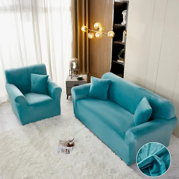 Husa Elastica, 180cm-230cm, pentru Canapea 3 Locuri - L - Jojo Home, Catifea, Bleu intens