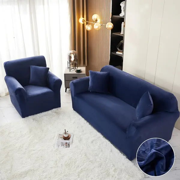 Husa Elastica, 180cm-230cm, pentru Canapea 3 Locuri - L - Jojo Home, Catifea, Bleumarin