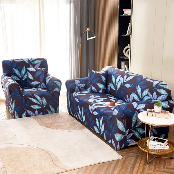 Husa Elastica Pentru Canapea 2 Locuri - M - Jojo Home, Albastru, frunze