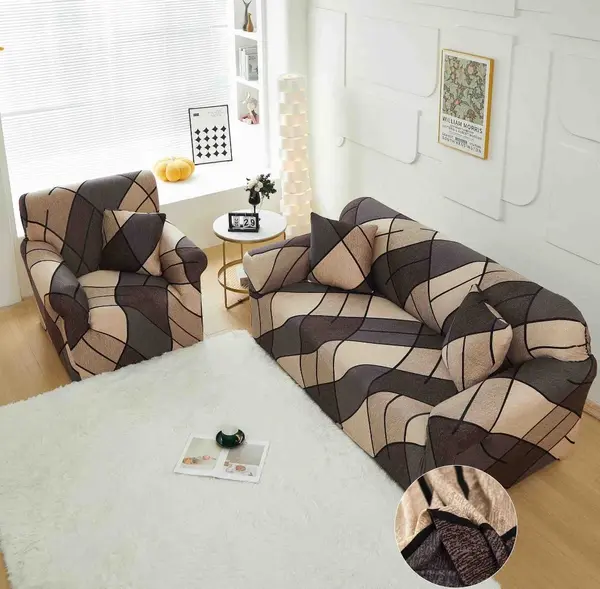 Husa Elastica Pentru Canapea 2 Locuri - M - Jojo Home, Bej, Maro, Forme Geometrice