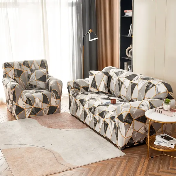 Husa Elastica Pentru Canapea 2 Locuri - M - Jojo Home, Gri, forme geometrice