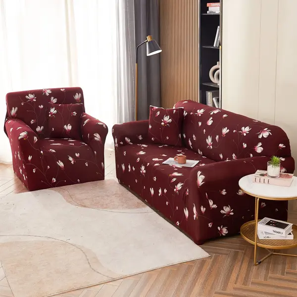 Husa Elastica Pentru Canapea 2 Locuri - M - Jojo Home, Visiniu, flori