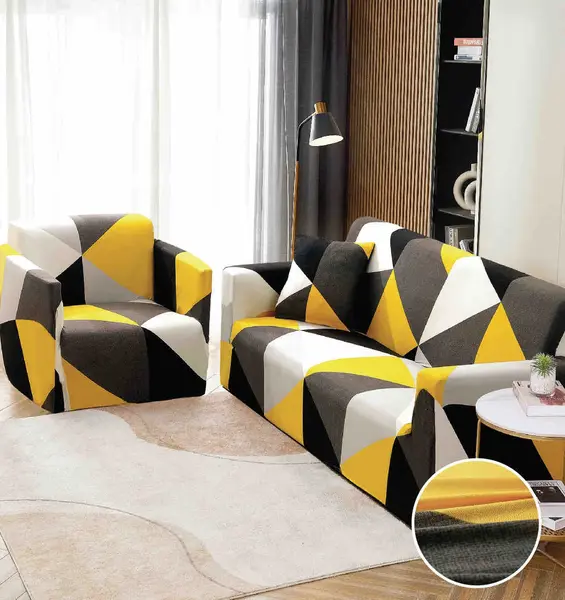 Husa Elastica Pentru Canapea 3 Locuri - L - Jojo Home, Galben-Gri, forme geometrice