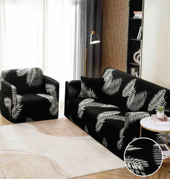 Husa Elastica Pentru Canapea 3 Locuri - L - Jojo Home, Negru, frunze