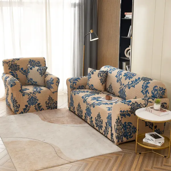 Husa Elastica Pentru fotoliu cu brate, Jojo Home, Bej-Bleu, model elegant