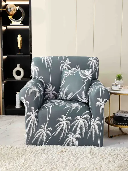 Husa Elastica Pentru fotoliu cu brate, Jojo Home, Gri, palmieri