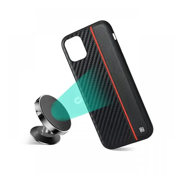 Husa iPhone 11 Pro Meleovo Carbon Black & Red (placuta metalica integrata)