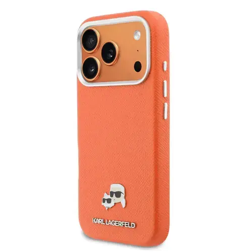 Husa Karl Lagerfeld Karl & Choupette Head Pins Saffiano MagSafe iPhone 17 Pro, Portocaliu