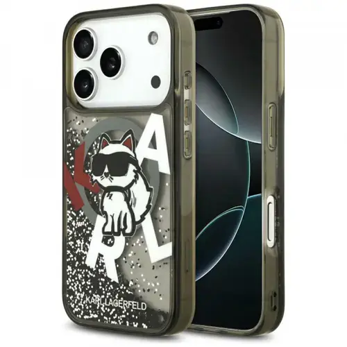 Husa Karl Lagerfeld Liquid Glitter Logo Choupette MagSafe pentru Apple iPhone 17 Pro Max, Neagra