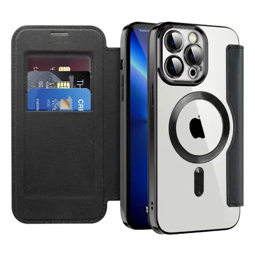 Husa MagSafe pentru Apple iPhone 13 Pro, Techsuit, SmartMag Book, Neagra