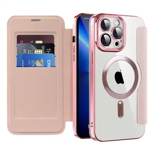 Husa MagSafe pentru Apple iPhone 13 Pro, Techsuit, SmartMag Book, Roz