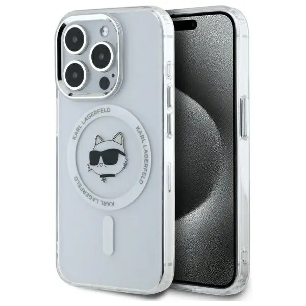 Husa MagSafe pentru Apple iPhone 14 Pro, Karl Lagerfeld, IML Metal Choupette's Head, Alba