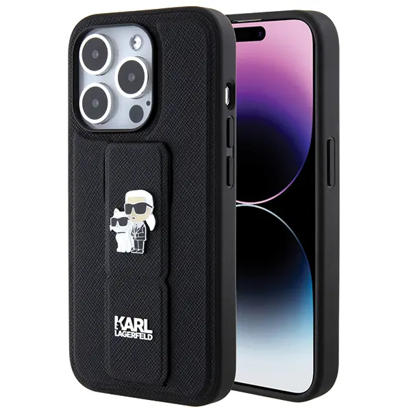 Husa MagSafe pentru Apple iPhone 14 Pro, Karl Lagerfeld, Saffiano Gripstand Karl & Choupette, Neagra
