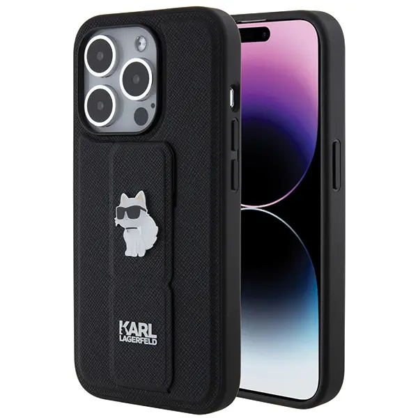 Husa MagSafe pentru Apple iPhone 14 Pro, Karl Lagerfeld, Saffiano Gripstand Choupette, Neagra