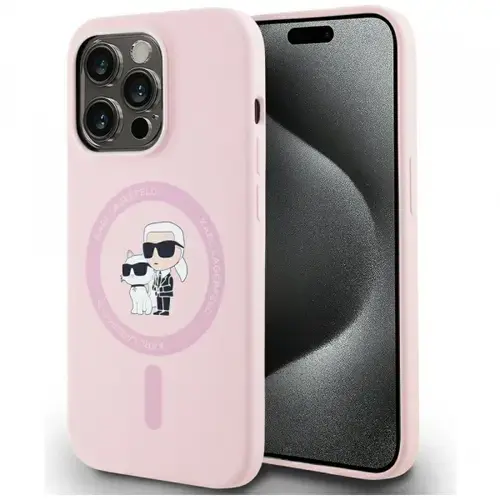 Husa MagSafe pentru Apple iPhone 14 Pro Max, Karl Lagerfeld, Silicone Karl & Choupette, Roz