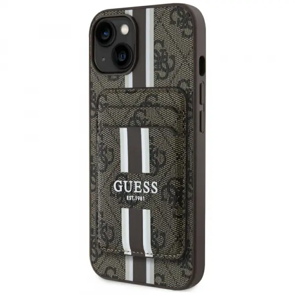 Husa MagSafe pentru Apple iPhone 15, Guess, Cardslot 4G Stripes, Maro