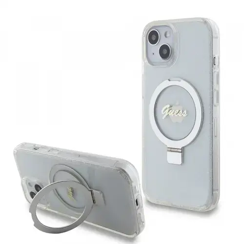 Husa MagSafe pentru Apple iPhone 15, Guess, Ring Stand Script Glitter, Transparenta
