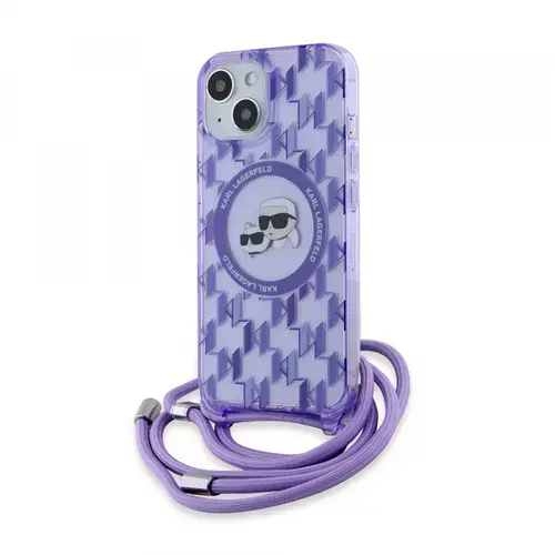 Husa MagSafe pentru Apple iPhone 15, Karl Lagerfeld, IML Crossbody Monogram Karl & Choupette's Heads, Mov