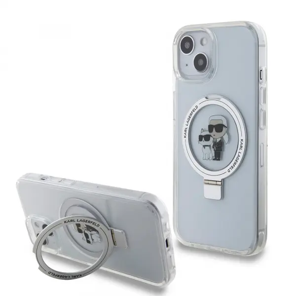 Husa MagSafe pentru Apple iPhone 15, Karl Lagerfeld, Ring Stand Karl & Choupette, Alba