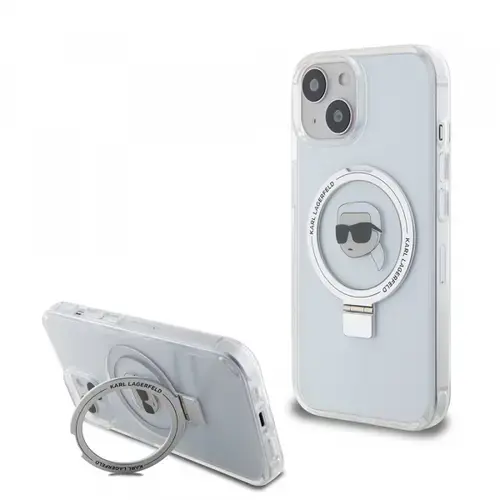 Husa MagSafe pentru Apple iPhone 15, Karl Lagerfeld, Ring Stand Karl's Head, Alba