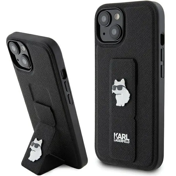 Husa MagSafe pentru Apple iPhone 15, Karl Lagerfeld, Saffiano Gripstand Choupette, Neagra