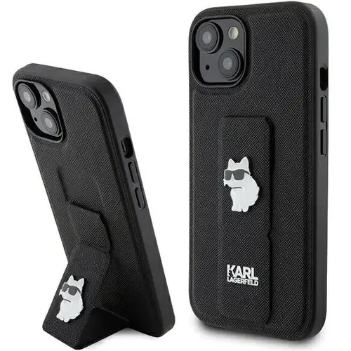 Husa MagSafe pentru Apple iPhone 15, Karl Lagerfeld, Saffiano Gripstand Choupette, Neagra