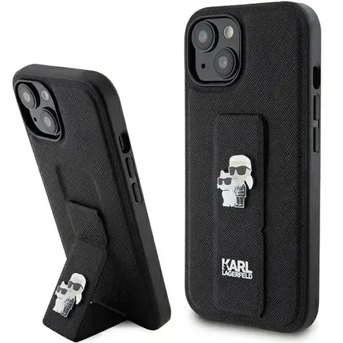 Husa MagSafe pentru Apple iPhone 15, Karl Lagerfeld, Saffiano Gripstand Karl & Choupette, Neagra