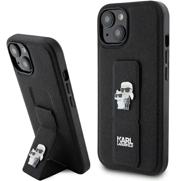 Husa MagSafe pentru Apple iPhone 15, Karl Lagerfeld, Saffiano Gripstand Karl & Choupette, Neagra