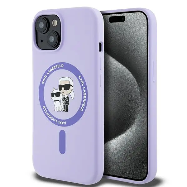Husa MagSafe pentru Apple iPhone 15, Karl Lagerfeld, Silicone Ring Karl & Choupette, Mov