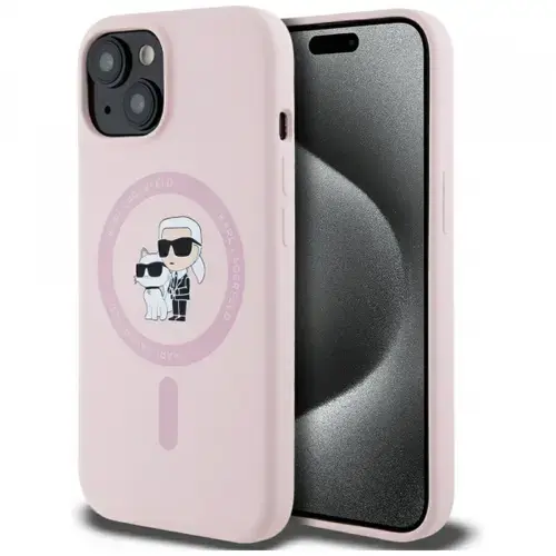 Husa MagSafe pentru Apple iPhone 15, Karl Lagerfeld, Silicone Karl & Choupette, Roz