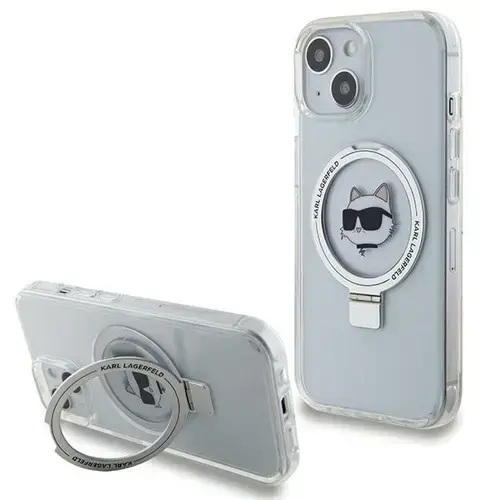 Husa MagSafe pentru Apple iPhone 15 Plus / 14 Plus, Karl Lagerfeld, Ring Stand Choupette's Head, Alba