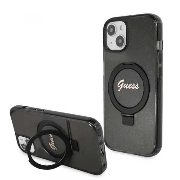 Husa MagSafe pentru Apple iPhone 15 Plus, Guess, Ring Stand Script Glitter, Neagra