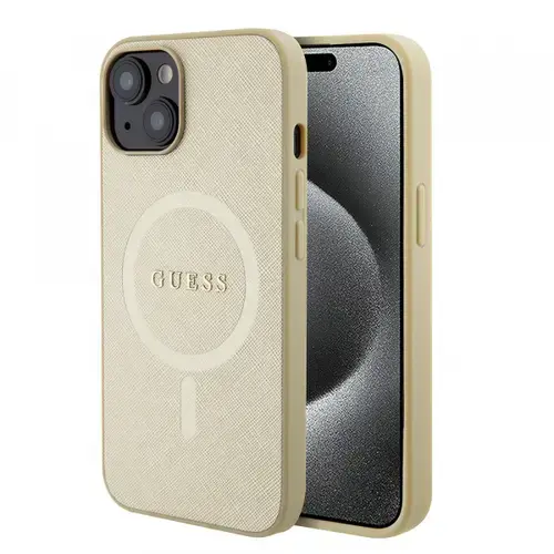 Husa MagSafe pentru Apple iPhone 15 Plus, Guess, Saffiano, Aurie