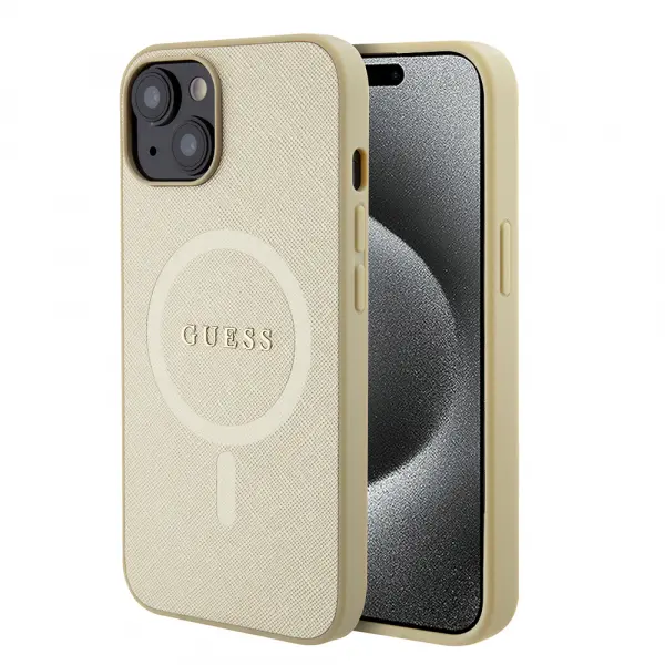 Husa MagSafe pentru Apple iPhone 15 Plus, Guess, Saffiano, Aurie