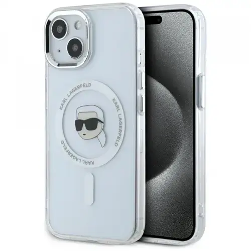 Husa MagSafe pentru Apple iPhone 15 Plus, Karl Lagerfeld, IML Metal Karl's Head, Alba