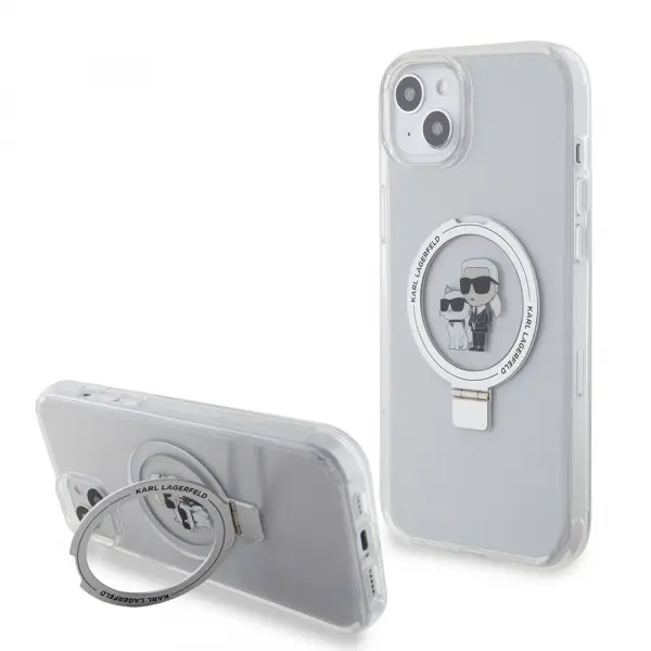 Husa MagSafe pentru Apple iPhone 15 Plus, Karl Lagerfeld, Ringstand Karl and Choupette, Alba