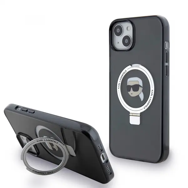 Husa MagSafe pentru Apple iPhone 15 Plus, Karl Lagerfeld, Ring Stand Karl's Head, Neagra