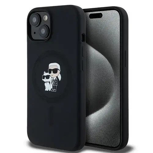 Husa MagSafe pentru Apple iPhone 15 Plus, Karl Lagerfeld, Silicone Karl & Choupette, Neagra