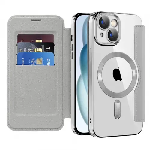 Husa MagSafe pentru Apple iPhone 15 Plus, Techsuit, SmartMag Book, Gri