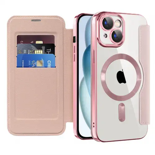 Husa MagSafe pentru Apple iPhone 15 Plus, Techsuit, SmartMag Book, Roz