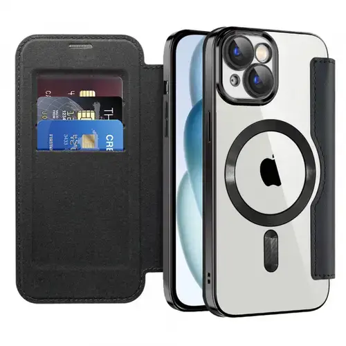 Husa MagSafe pentru Apple iPhone 15 Plus, Techsuit, SmartMag Book, Neagra