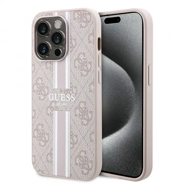 Husa MagSafe pentru Apple iPhone 15 Pro, Guess, 4G Printed Stripes, Roz