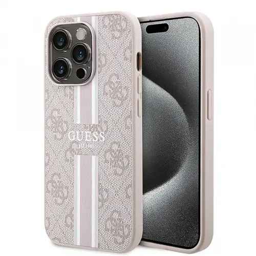 Husa MagSafe pentru Apple iPhone 15 Pro, Guess, 4G Printed Stripes, Roz