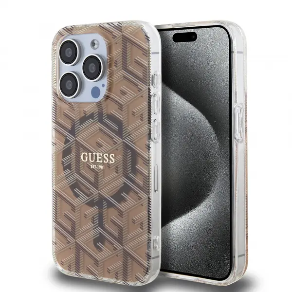 Husa MagSafe pentru Apple iPhone 15 Pro, Guess, IML Gcube, Maro