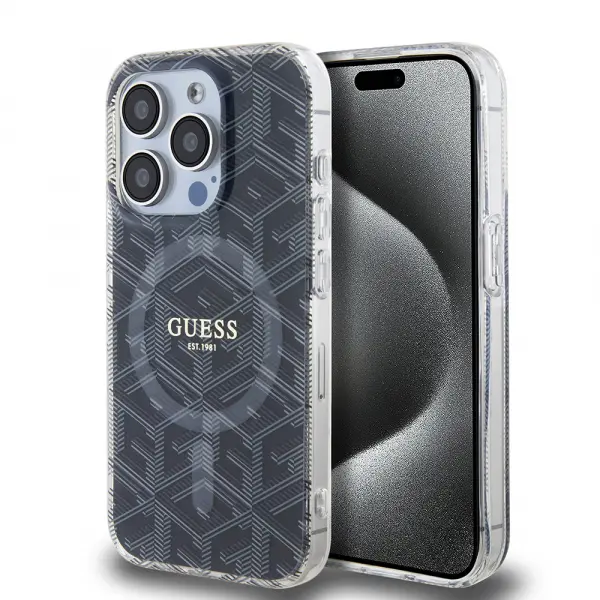 Husa MagSafe pentru Apple iPhone 15 Pro, Guess, IML Gcube, Neagra