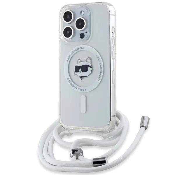 Husa MagSafe pentru Apple iPhone 15 Pro, Karl Lagerfeld, IML Crossbody Choupette's Head with Strap, Transparenta