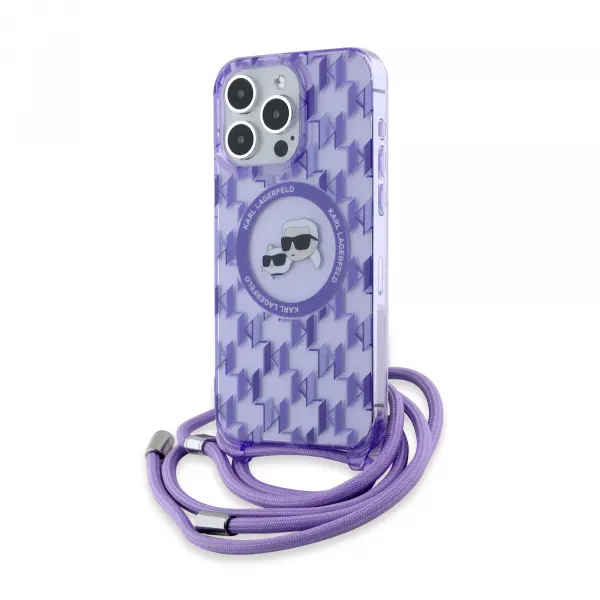 Husa MagSafe pentru Apple iPhone 15 Pro, Karl Lagerfeld, IML Crossbody Monogram Karl & Choupette's Heads, Mov